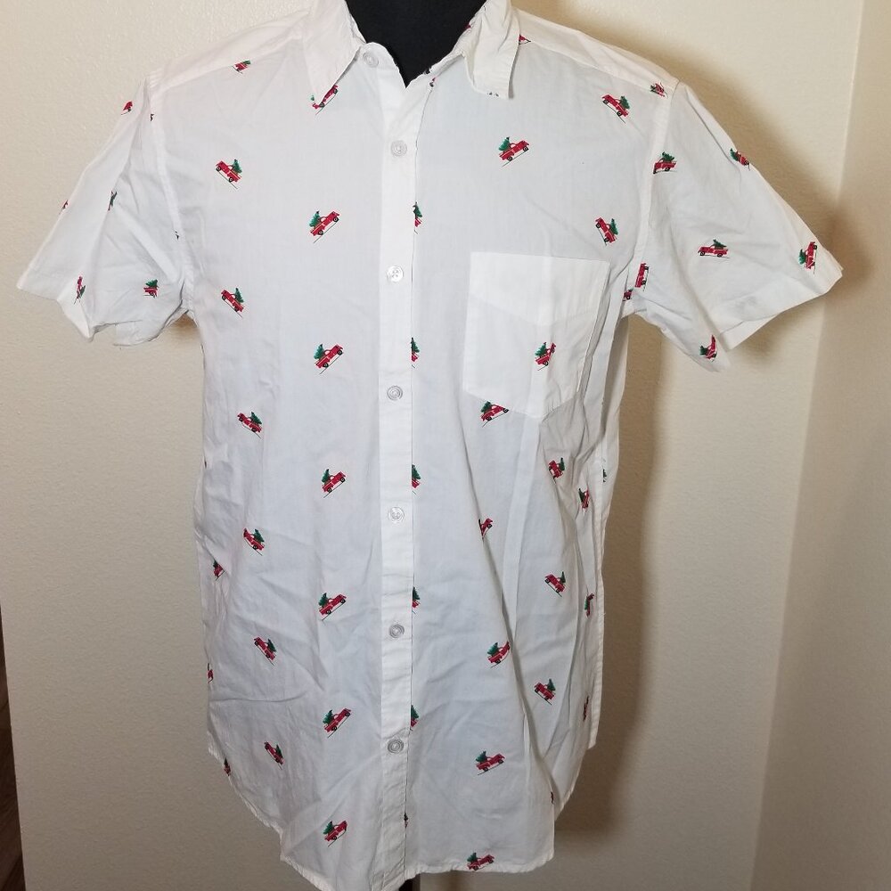 Rugby University White Christmas Button Up Short Sleeve Shirt Mens Medium NWOT